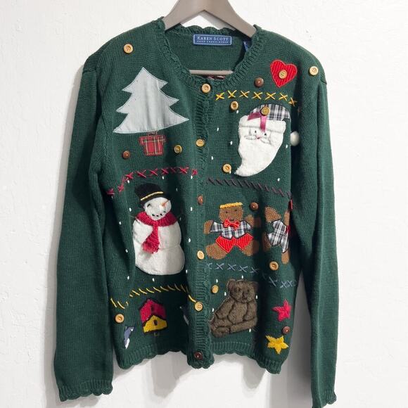 Vintage Karen Scott Sweater M Green Knit Santa Bear Holiday Christmas Ugly - Picture 1 of 7